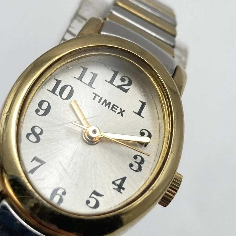 Timex Cavatina Womens Watch 18mm Gold Silver Tone Stretch Band New Battery SMALL